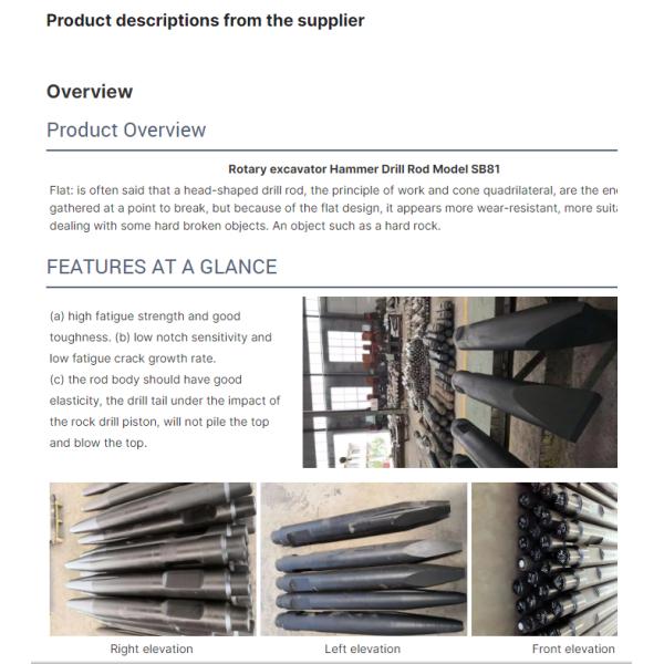 Crushing Flat Shovel Hydraulic Breaker Drill Rod for Excavator Breaker Hammer