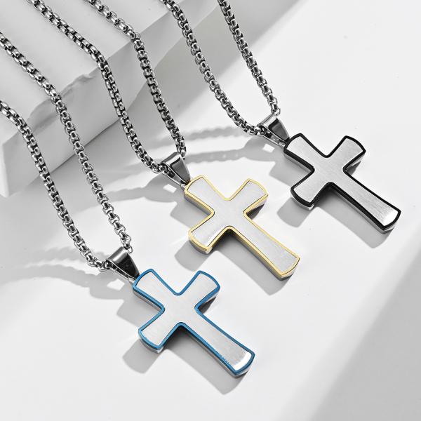 Simple Style Satin Cross Pendant Stainless Steel Necklaces Blue and Rose Gold Metal Prayer Choker for Men
