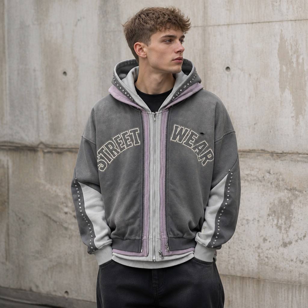 Tianan Clothing Custom Hoodies Patchwork Multi Zip Hood Rhinestone Acid Wash Distressed Embroidered Logo Streetwear Print Hoodie