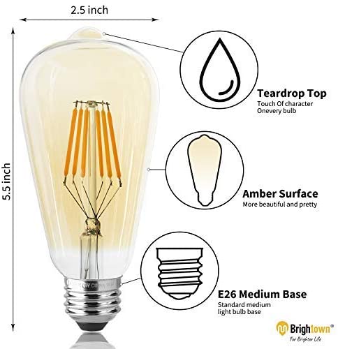 Long Lifetime 6W Dimmable Led Filament Bulb in Amber Warm Yellow Light for E26 Base