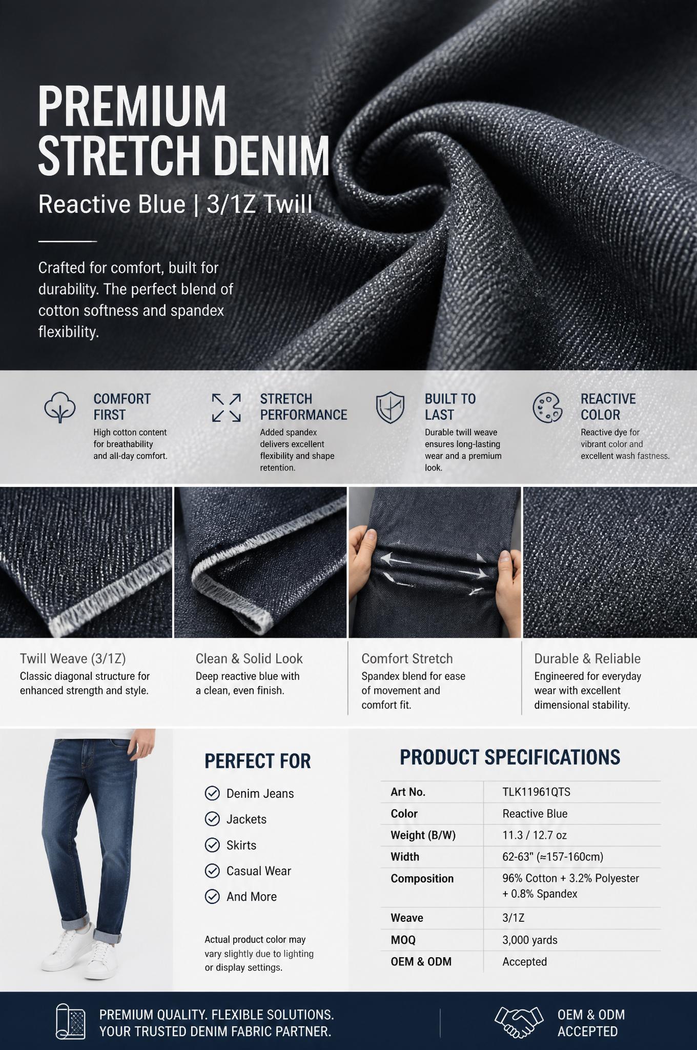 11.3/12.7oz Reactive Blue Cotton-Rich Stretch Denim for Daily Jeans & Casual