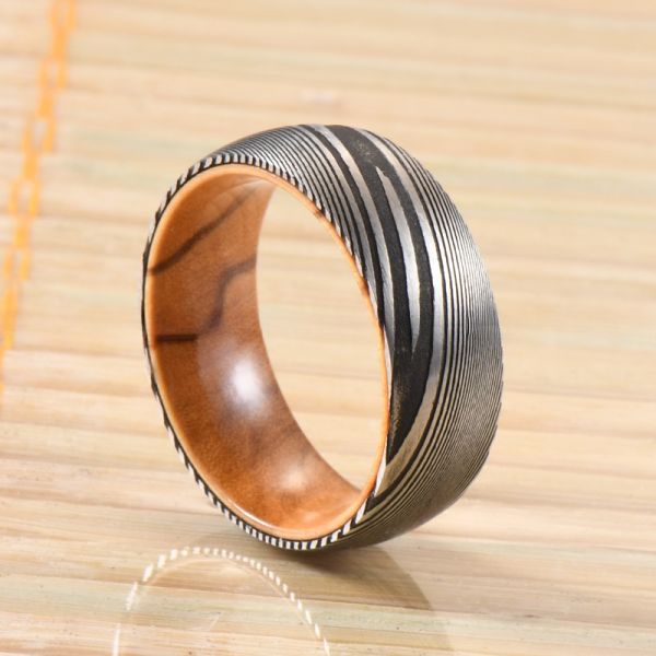 8mm Dome Latest Damascus Steel Ring With Olive Wood Sleeve Inlay for Men's Wedding Bands or Rings Third Party Appraisal