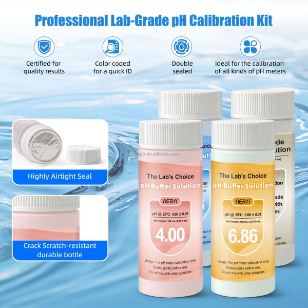 Lab-Grade pH Meter Calibration Kit with Airtight Sealed Color-Coded Beakers for Accurate pH Testing