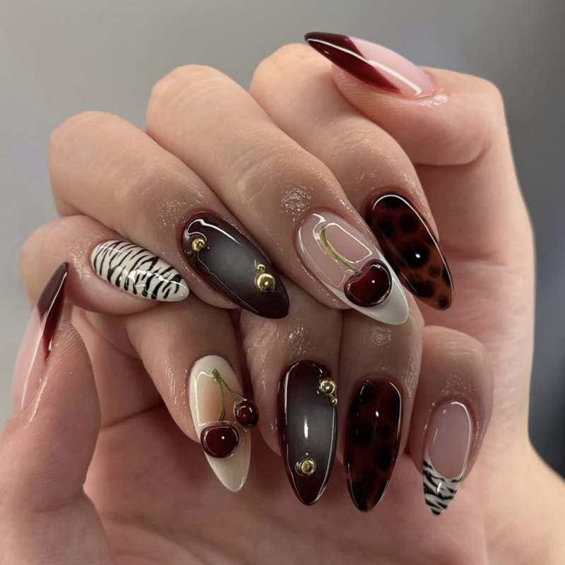 Almond French Tip Artifical Nails 3D Cherry Zebra Stripe With Rhinestone