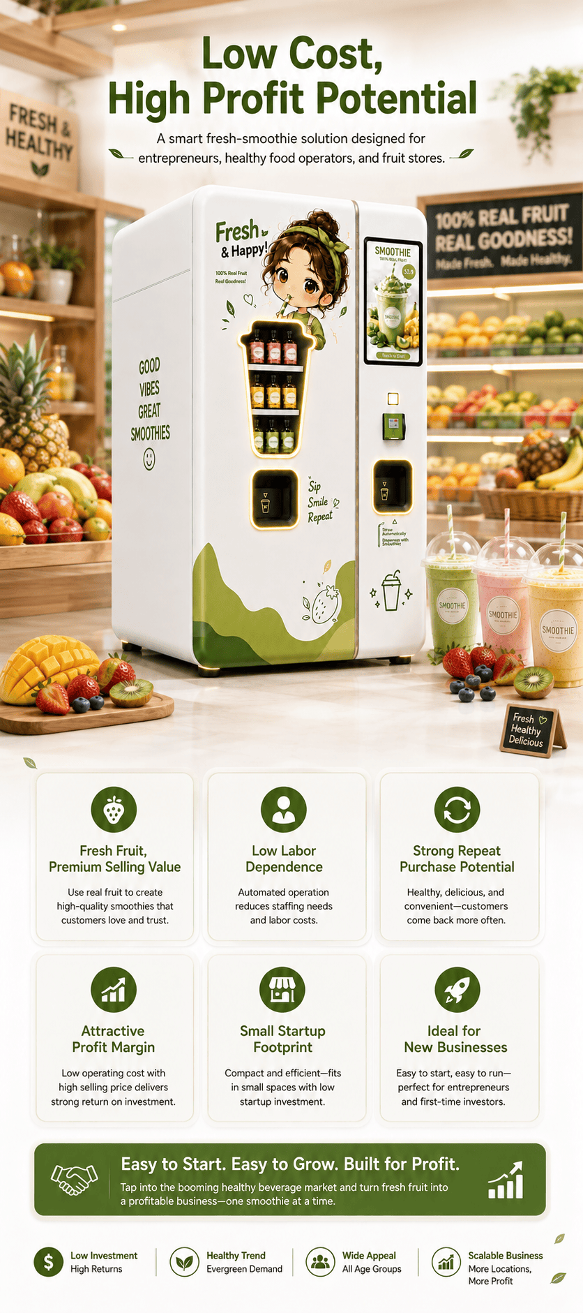 Small Fresh Smoothie Vending Machine with Automatic Blender, Smart Payment System, 21.5-Inch Touchscreen, Self-Cleaning Function for Healthy Beverage Retail Business