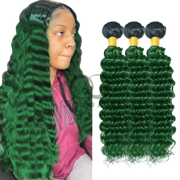 #T1B/Green Deep Wave Remy Human Hair Bundles Sew In Weave Bundles Brazilian Bundle Deals