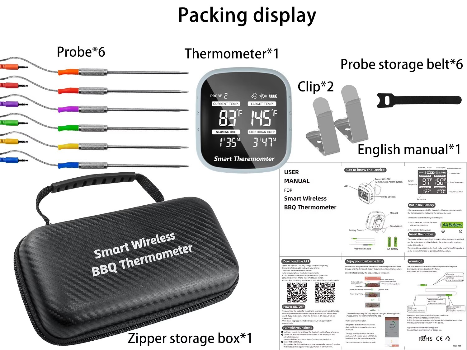 DTH-155 -50 To 300℃ Bluetooth Wireless Smart Digital Meat Thermometer Kitchen Cooking Food Thermometer With 6 Probes