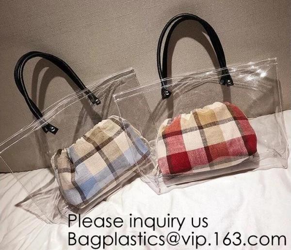 Women Clear Shopping Bag Transparent PVC Beach Bag Large Capacity Foldable Travel Storage Organizer Bag, bagease, pack
