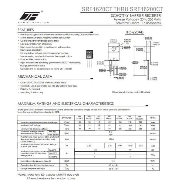 ITO-220AB Package None Luminance SRF1640CT 16A 40V Schottky Barrier Rectifier Diode