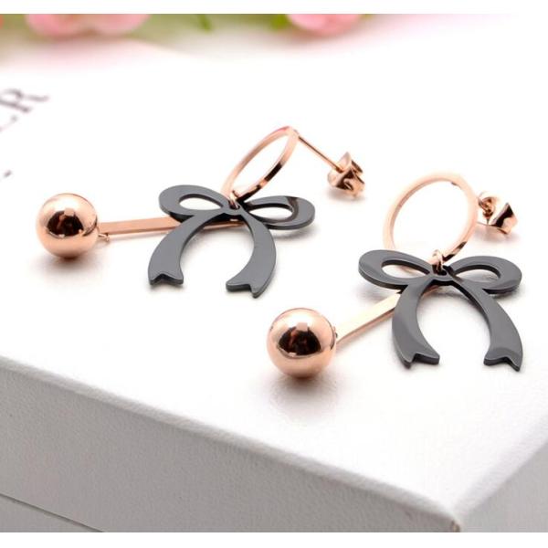 Rose Gold Plated Plain Ribbon Bow Tassel Stud Earrings Women Fashion Jewelry , Bow Knot Pendant Chain Drop Hook Earring
