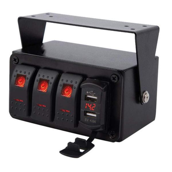 DC12V 24V 3 Gang Red LED Light Rocker Switch Panel Box With Dual 4.8A USB