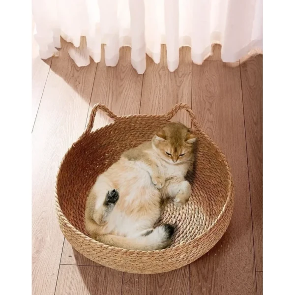 Pure Hand-Woven Rattan Cat Nest Universal Warm Pad for Small Animals Four Seasons Removable Washable Winter Pet Supplies Solid