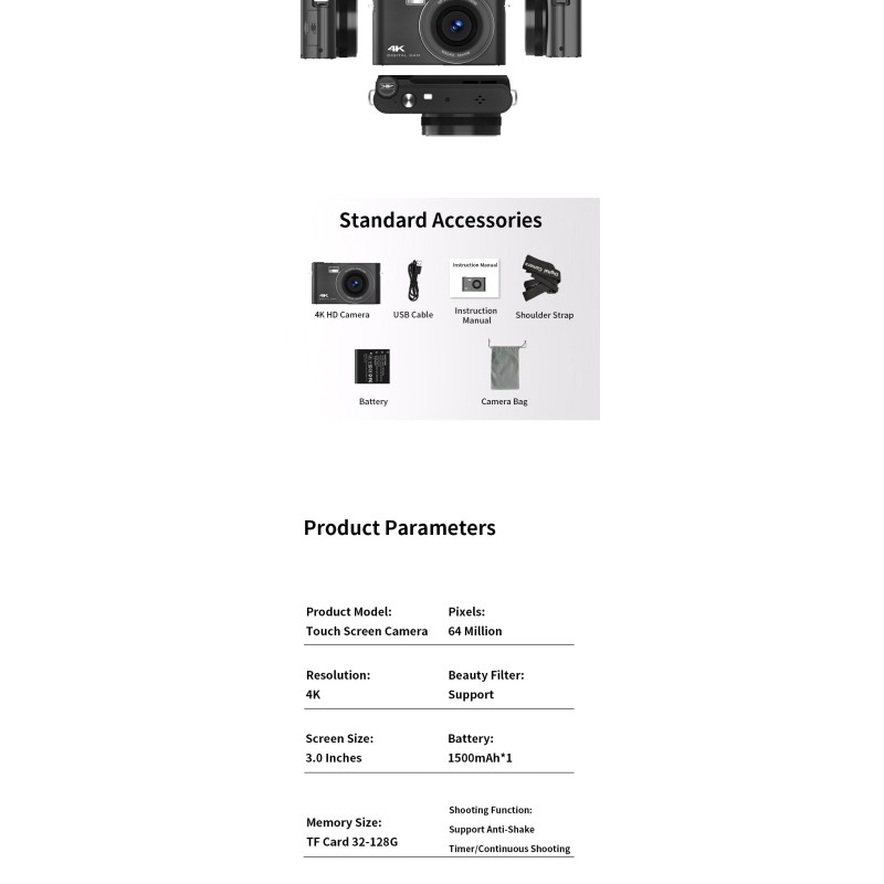 Newest HD 4K Digital Camera 3.0'' IPS Touch Screen with Flash Light and MP3 Function Student Camera for Photography