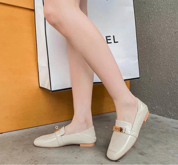 Genuine Leather Slip On Casual Loafer Shoes JBF01 Beige Flat Heels
