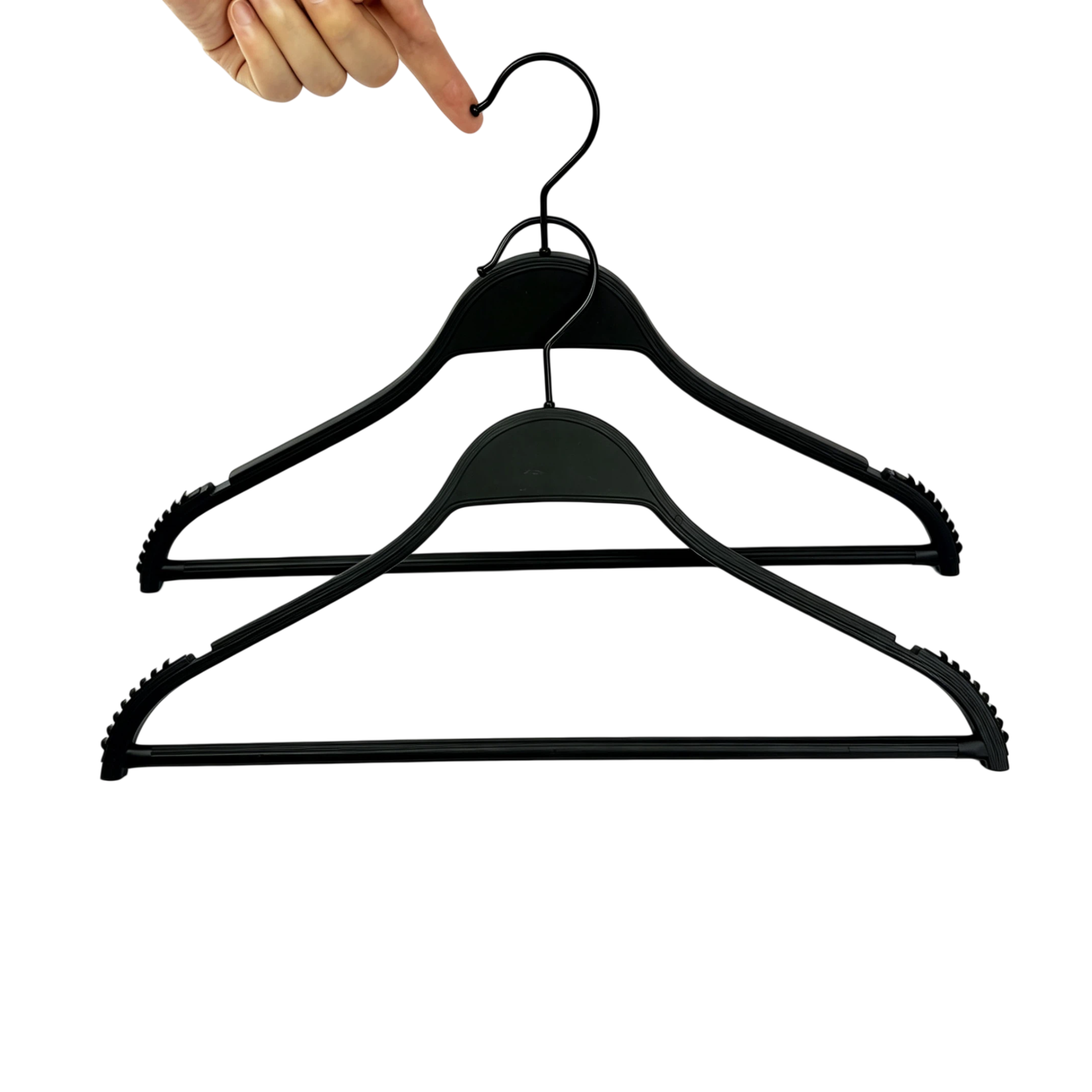 Hand-applied painted non-slip clothes hanger with pole for clothing stores featuring customizable logo
