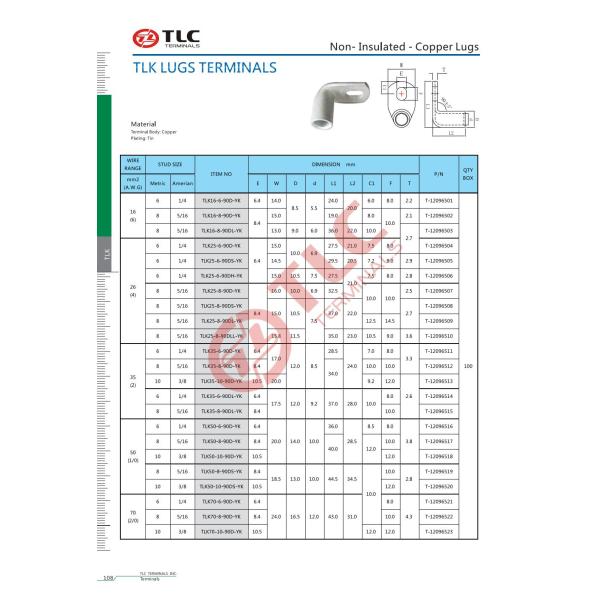 Crimped Mechanical Cable Lugs And Durable 90D 16-70mm2 Terminal Lug For Wire Connection