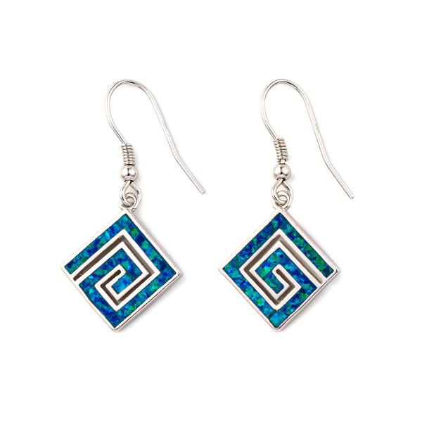 925  With Sterling Silver Natural Greek  Key  Blue Opal Dangle Crystal  Earrings For Women