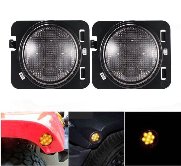IP 68 Jeep Wrangler Headlights , 2x Smoked LED Front Fender Flare Turn Signal Side Marker Light
