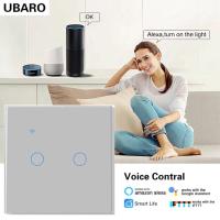 Standard UE/Royaume-Uni 2Gang Tuya Smart WI-FI Switch pour Alexa Alice Voix et contrôle de l'application Panneau en verre trempé gris