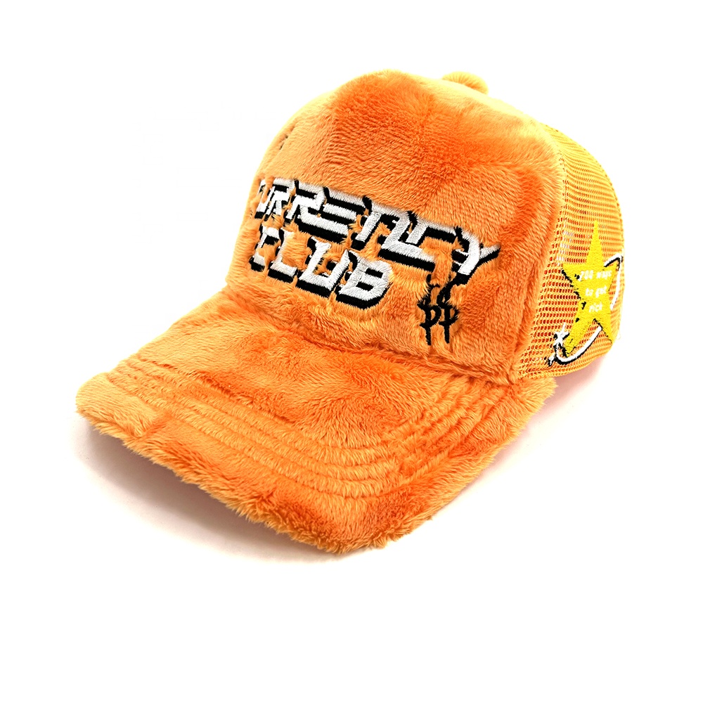 5 Mesh Fluffy Velvet Custom 3D Embroidery Trucker Hats panel Snapback Cap