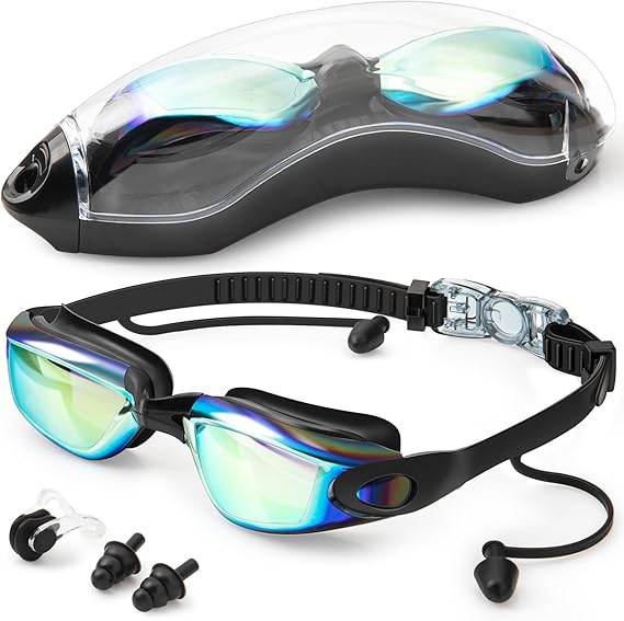 Anti-Fog UV Protection Swimming Goggles with Adjustable Strap and Silicone Nose Clip