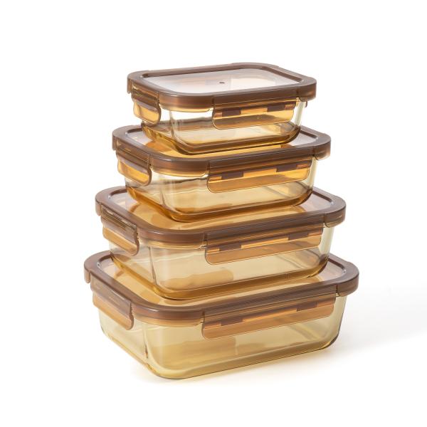 Amber Color Glass Food Storage Containers Set Stackable With 4 Lock PP Lid
