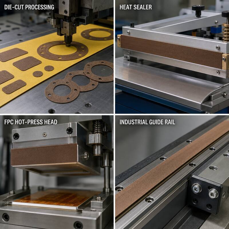 Brown PTFE Tape with Release Liner / Liner-Backed PTFE Tape / PTFE Glass Cloth Tape with Silicone Adhesive and Yellow Release Paper for Die Cutting, Heat Sealers and Guides