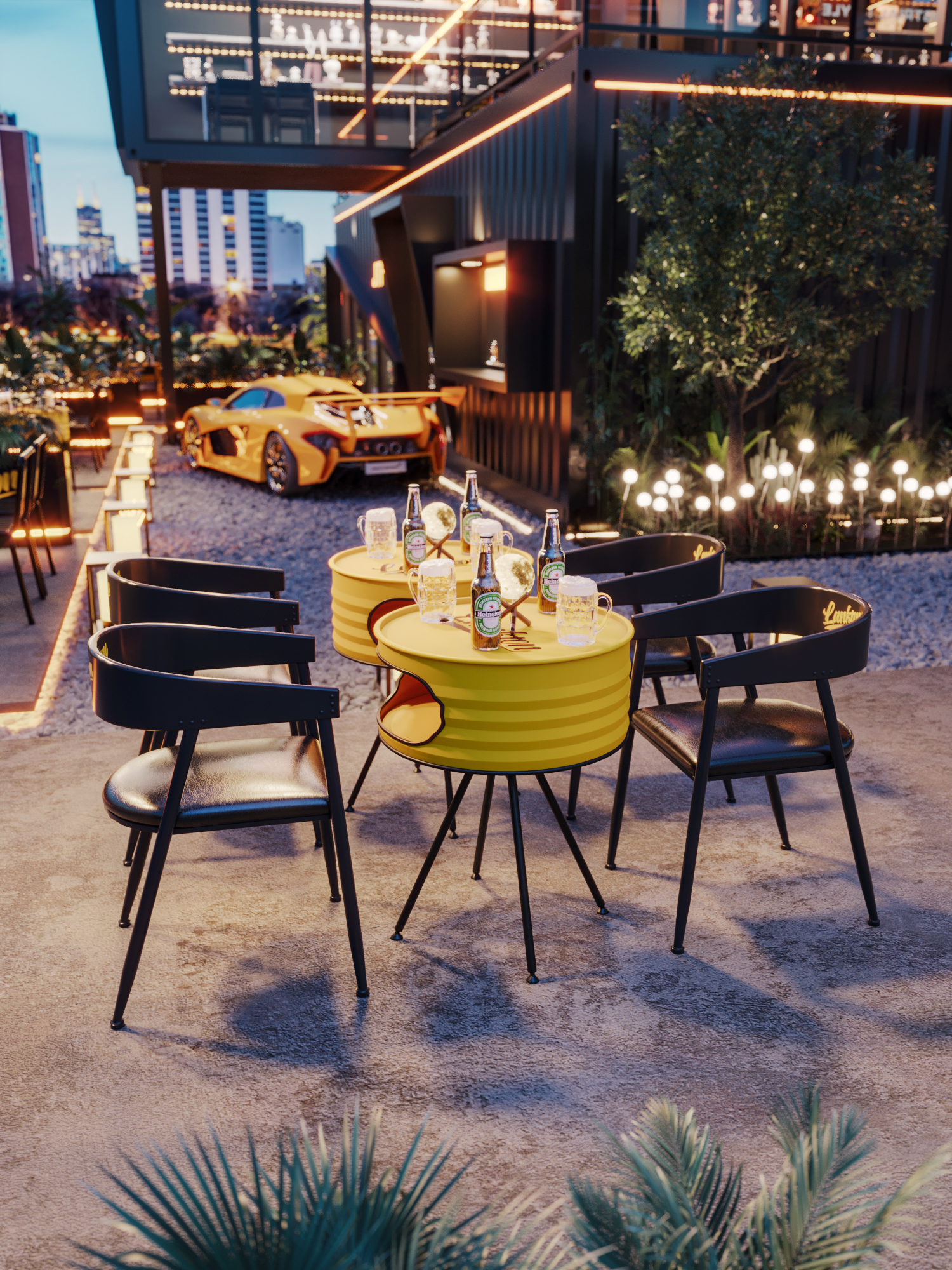 Durable Iron Frame Oil Drum Table and Chair Set with Premium PU Leather Upholstery and Compact Design