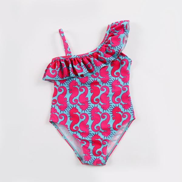 Kid's sea horse print one shoulder off swimwear one piece swimsuit