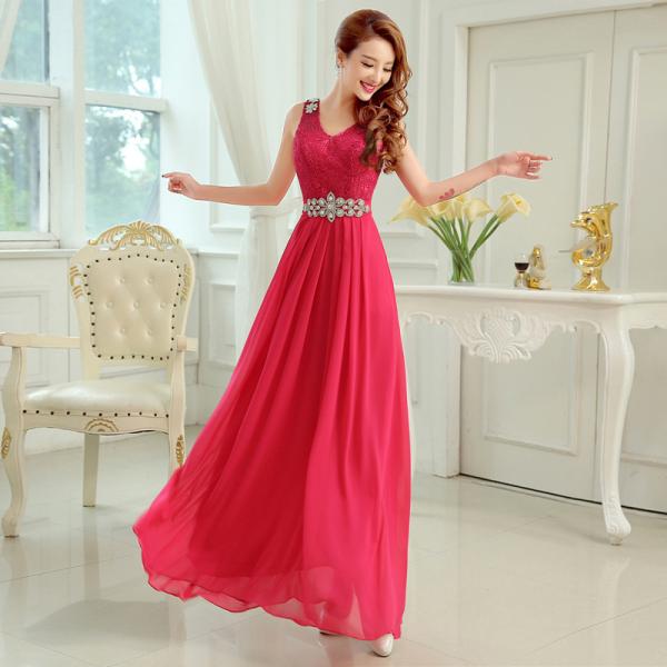 Chiffon Long Section Bridesmaid Dress Double Shoulder Straps Beading Sash Toast Dress