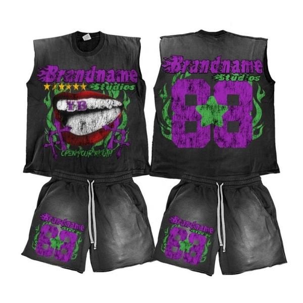 Custom Logo Acid Wash Hoodies Sweat Shorts Black Crop Top and Sleeveless Tank Top Set