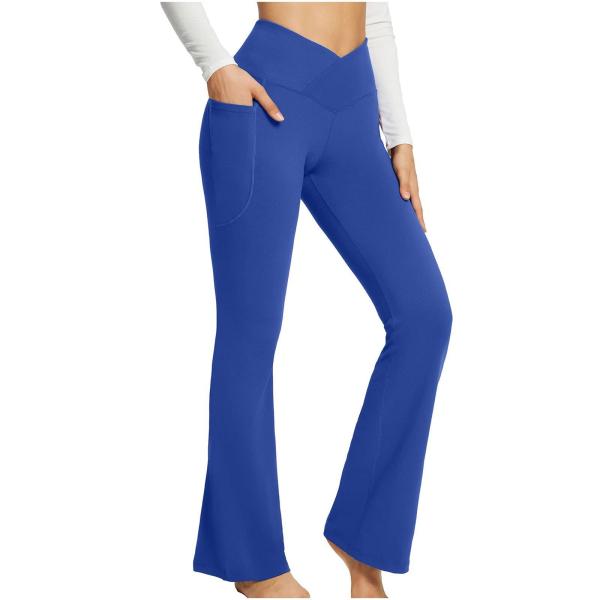 Women'S High Waist Flare Pants Trendy Crossover Yoga Pants Workout Bell Bottom Leggings With Pockets