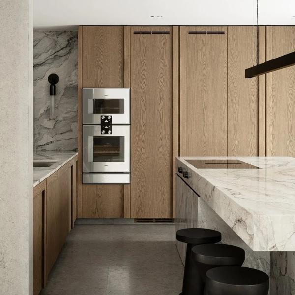 Villa de madera de roble blanco veneer cocina de mármol encimera marco línea panel de la puerta conjunto completo de gabinete de cocina