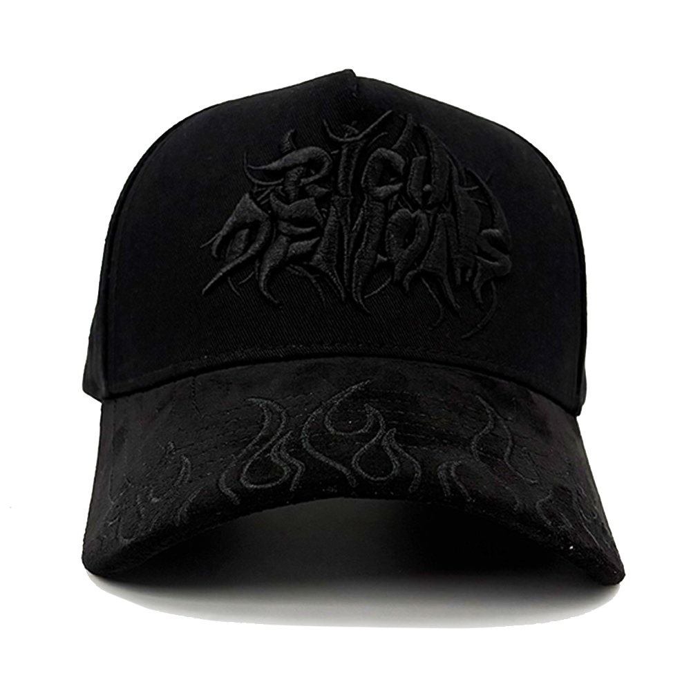 3D Embroidery Black On Black Baseball Caps Fire Flame Suede Visor Premium Angel Embroider Metal Tag Silk Lined