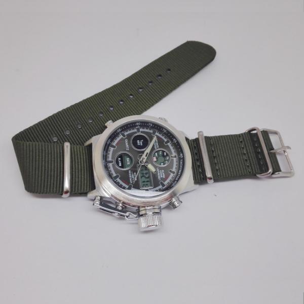 Mens Sport Style Stainless Steel Caseback Watches , Dual Time Digital Analog Watch With Nylon Strap