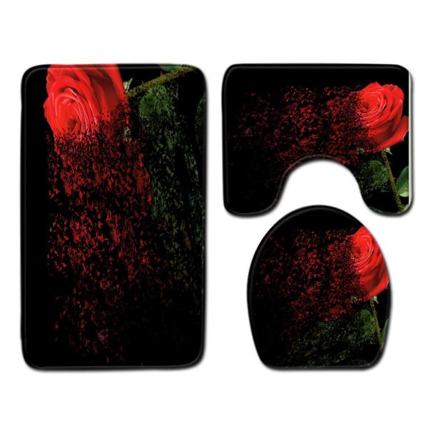 Rose Pattern Toilet Mat Set Polyester Fiber Toilet Lid Cover Set