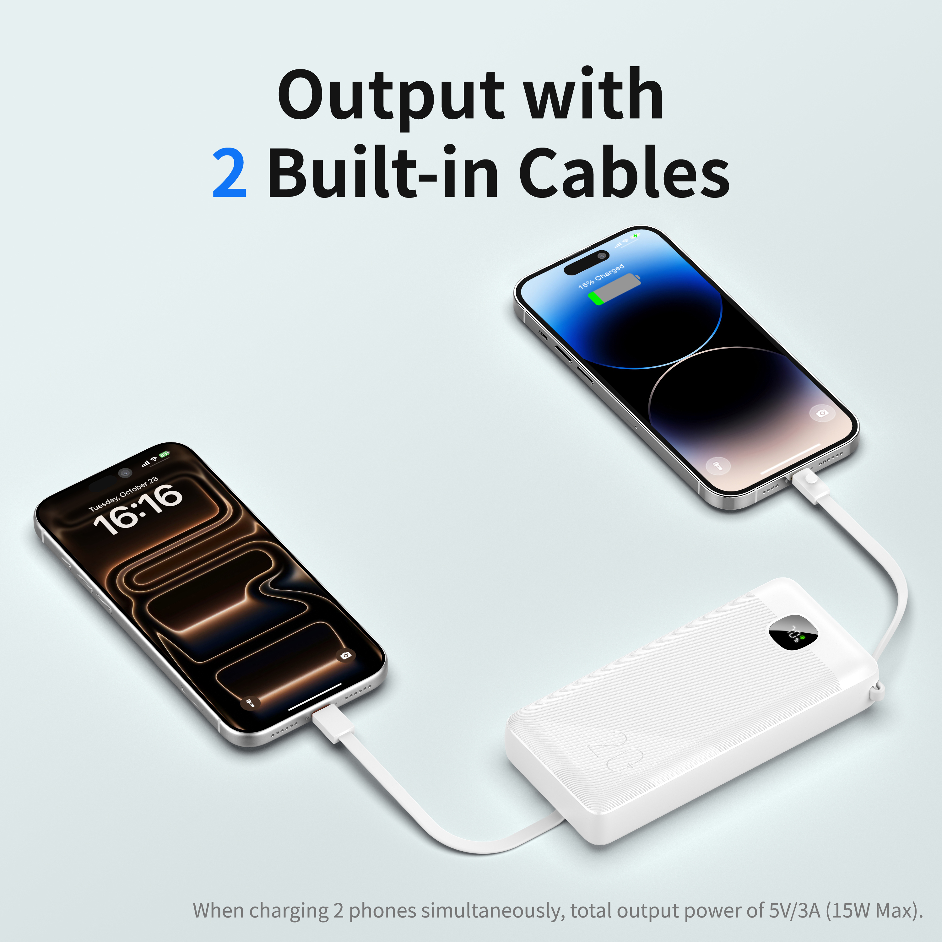 20000mAh High Capacity Fast Charging Power Bank, 3 Built-in Cables (Type-C, Lightning, USB), Dual Ports Type-C Input/Output & USB-A Output, LCD Digital Battery Display, CE FCC RoHS UKCA Certified Port