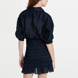                  Ladies Casual Dress Collared Neck Elbow Length Puff Sleeve Ruffle Hem Polyester Smocked Shirt Dress for Women             