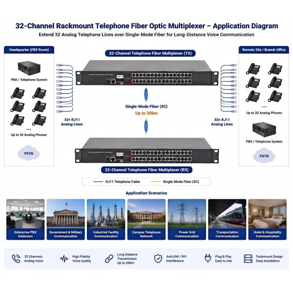 Telephone 32 Channel Fiber Optical Multiplexer Rackmount Long Distance Voice Transmission