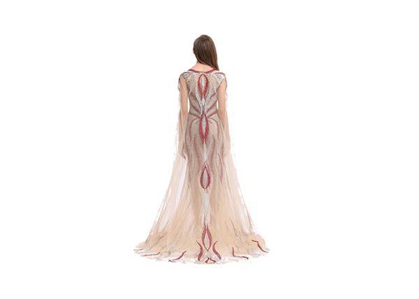 Champagne Lace Beaded Middle Eastern Evening Dresses U - Neck Style