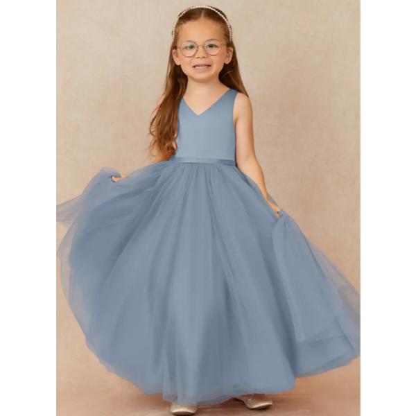 New Design Blue Tulle Flower Girl Dress Children's Dresses Gown V-neck Customized Sleeveless