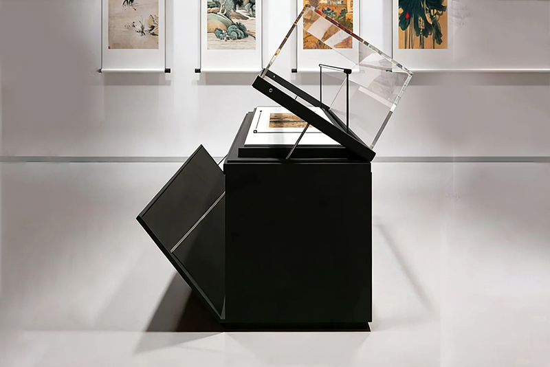 Hydraulic Lift Museum Display Cabinet with Anti-UV Glass and Lockable Hidden Storage for Art Exhibits
