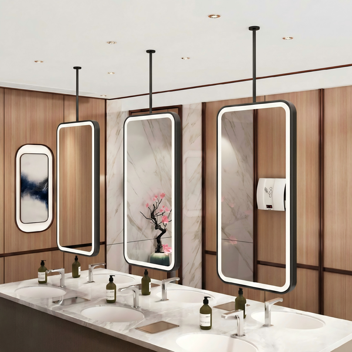 Kingstin Suspended Ceiling LED Mirror for Bathroom Island | Smart Touch Dimmable & Anti-Fog | Custom Height Rod Hotel Projects.