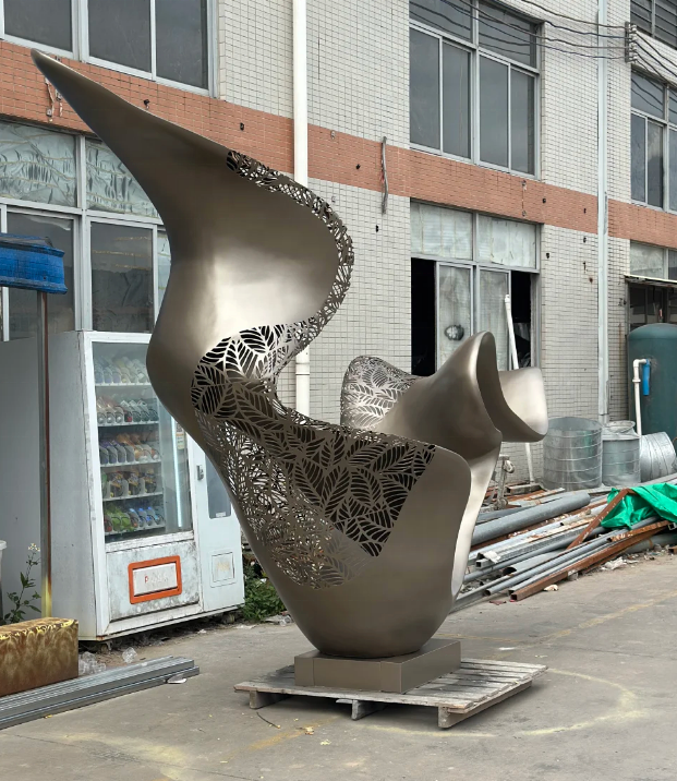 Laser Cut Leaf Pattern Abstract Metal Sculpture With Wave Design Modern Stainless Steel Art