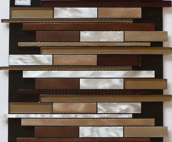 Brown red linear glass mix metal mosaic brush finished for entrancewall decoration