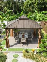 Pavilhão de jardim de gramado ao ar livre Metal Hardtop Double Tier Roof Gazebo Pavilhão de estrutura de madeira Pergola Mosquito Net