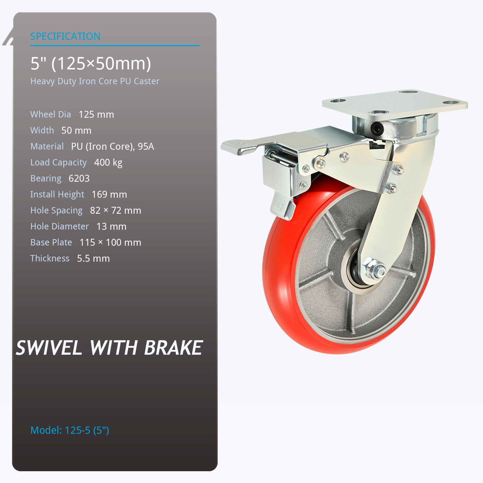 125 Mm 5 Iron Core Polyurethane Shore 95a Galvanized 5.5 Mm Bracket Without Spring  Conveyor Support Trolleys