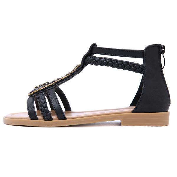 BS140 New Summer Sandals Female Bohemia Retro Beaded Zipper Rhinestone Roman Sandals Flat Shoes Wholesale Brand Shoes To