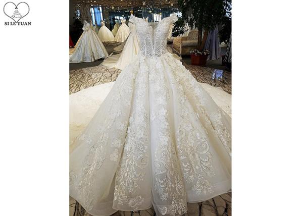 Luxury Bridal Ball Gowns Off Shoulder Sweetheart Lace Long Tail Crystal Beading