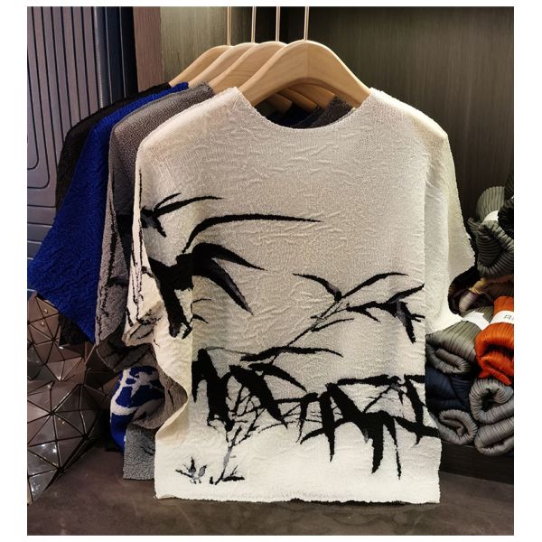 Retro pleated summer new Chinese ink bamboo print T-shirt fashionable plus size women's casual top